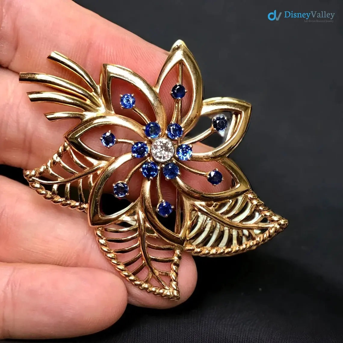 Vintage Retro 14K Rose Gold Diamond Sapphire Flower Brooch Pendant DisneyValley