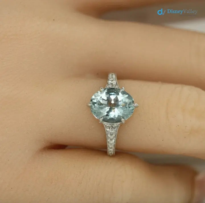Vintage Style Engagement Ring Aquamarine and Diamond Ring - DisneyValley
