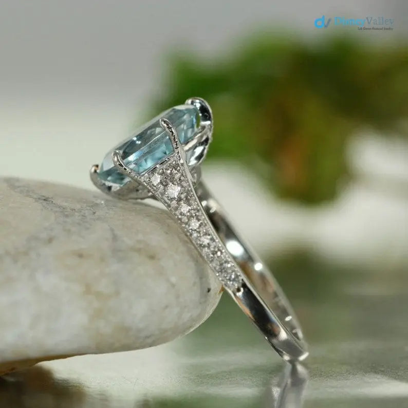 Vintage Style Engagement Ring Aquamarine and Diamond Ring - DisneyValley