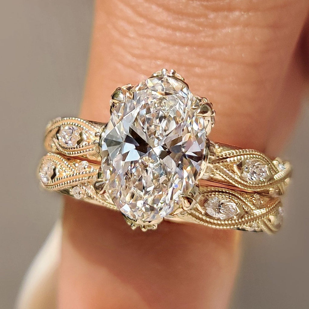 Oval Cut Ring with Eternity Band Vintage Bridal Set in Milgrain Details