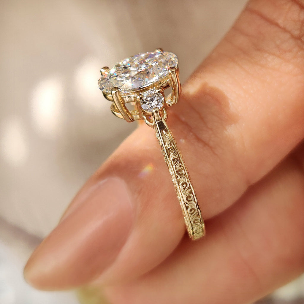 Oval Cut Vintage Engagement Ring with Filigree Design on Shank