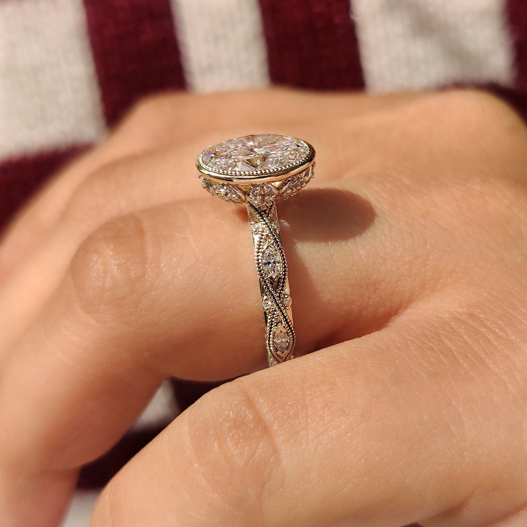 Oval Bezel Engagement Ring with Milgrain