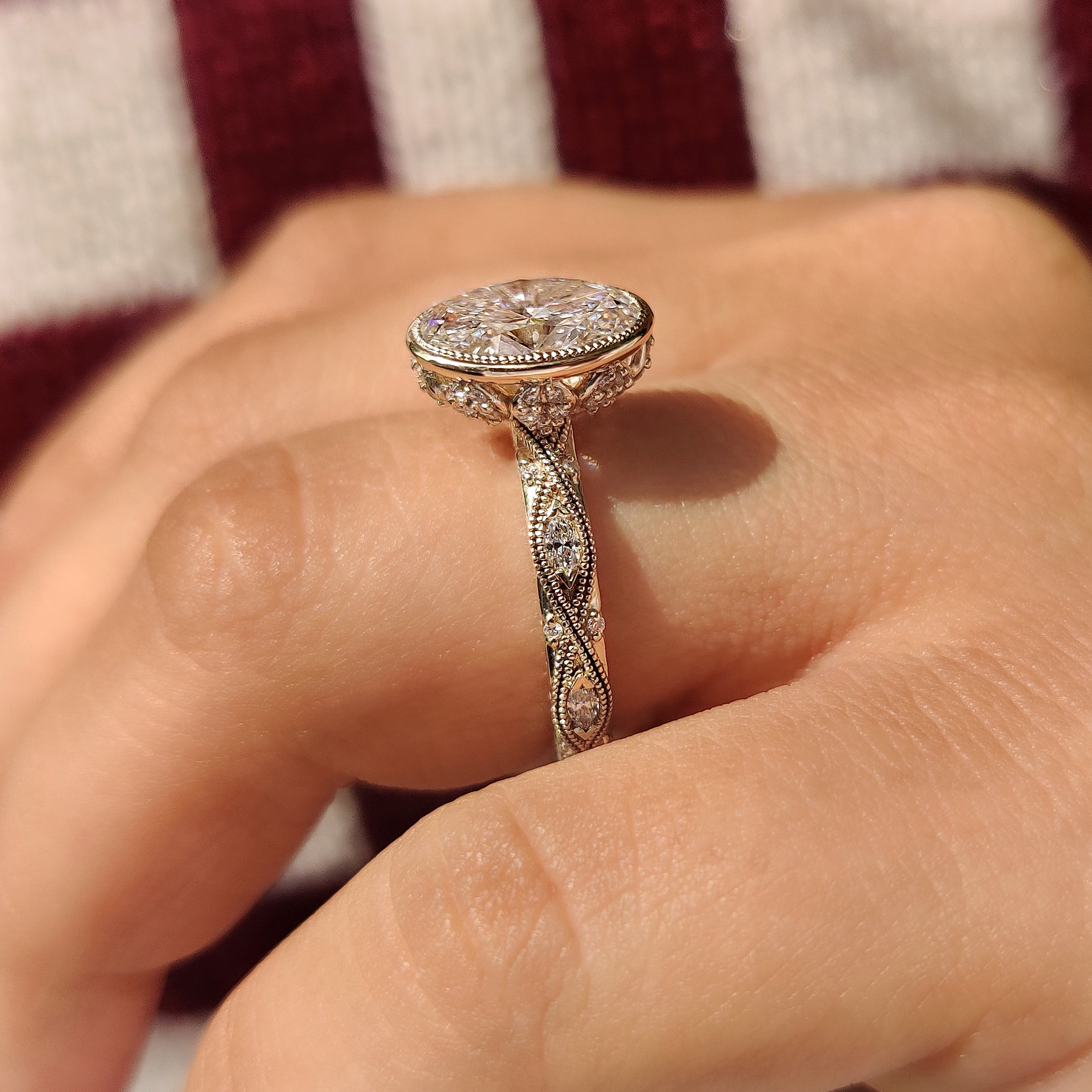 Oval Bezel Engagement Ring with Milgrain