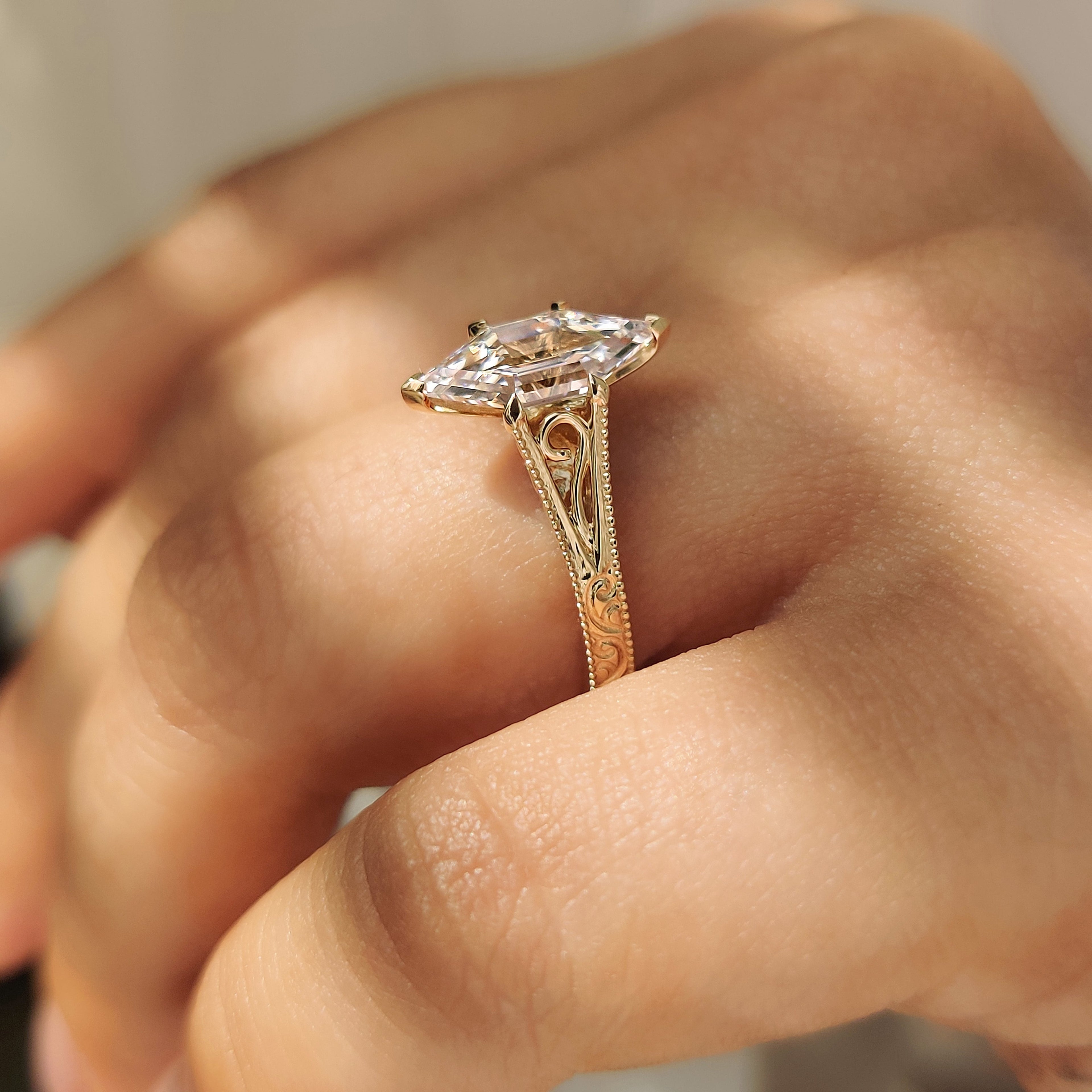 Hexagon Step Solitaire Diamond Ring In Milgrain Details