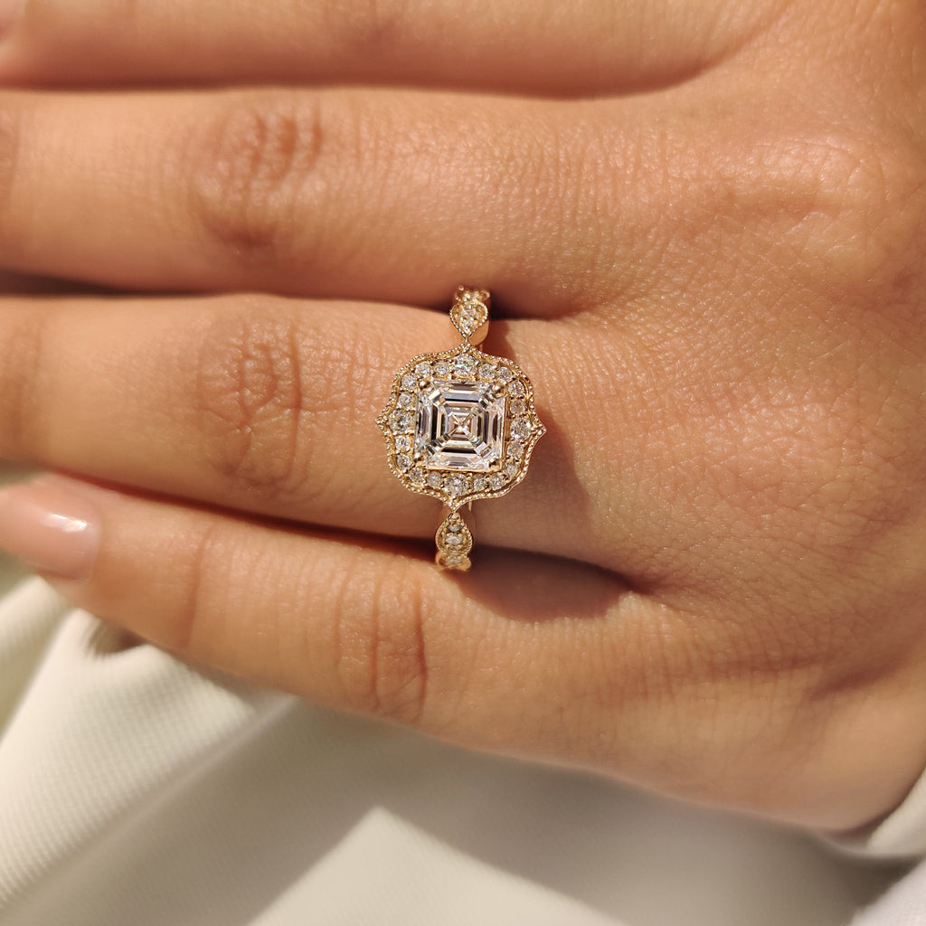 Vintage Style Asscher Cut Diamond Ring in Milgrain Details