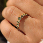Green Round Diamond Half Eternity Wedding Band in Chevron Style