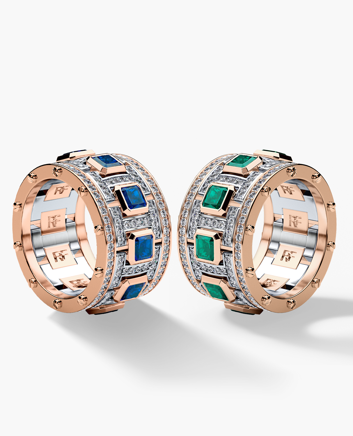 LA PAZ Two Tone Gold Diamond Matching Wedding Band Set with Sapphires and Emeralds