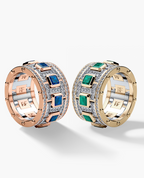 LA PAZ Two Tone Gold Diamond Matching Wedding Band Set with Sapphires and Emeralds