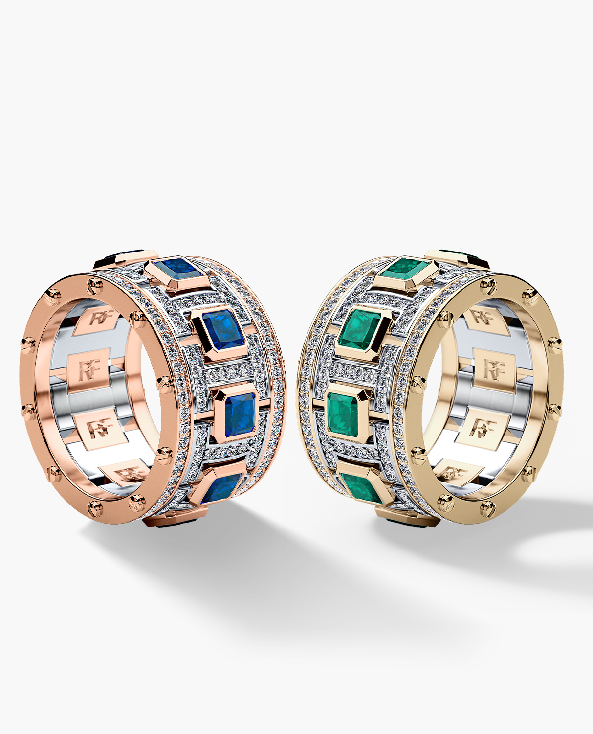 LA PAZ Two Tone Gold Diamond Matching Wedding Band Set with Sapphires and Emeralds