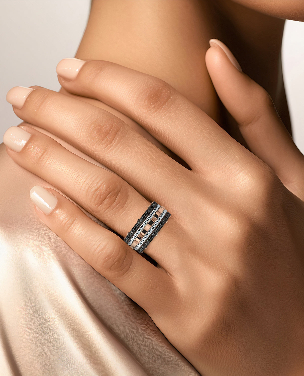 ROPES Two-Tone Gold Ring with 1.05ct Black Diamonds