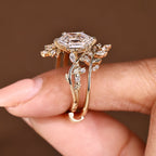 Hexagon Step Engagement Ring With Wedding Band In Nature Inspired