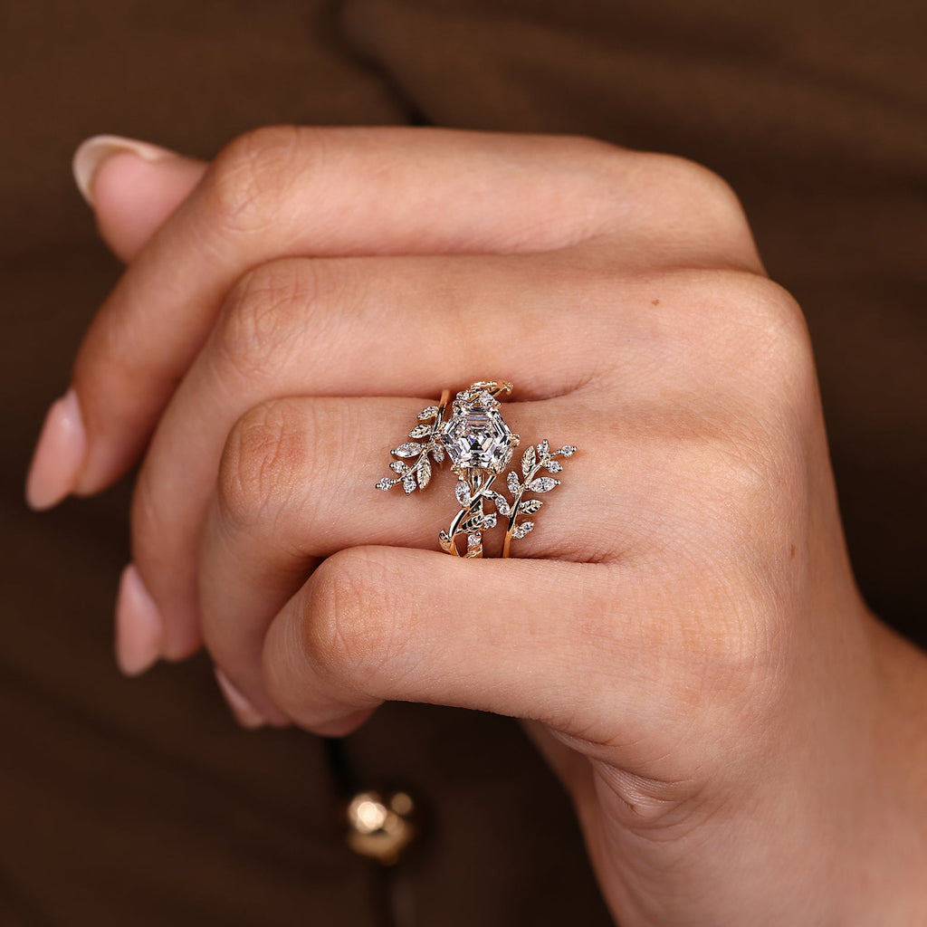 Hexagon Engagement Ring With Wedding Band In Nature Inspired Style
