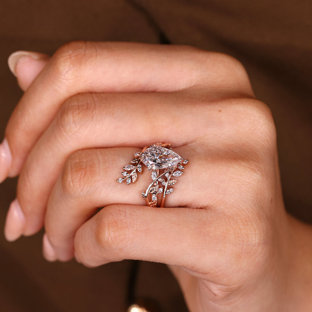 Pear Shaped Engagement Ring With Wedding Band In Nature Inspired Style