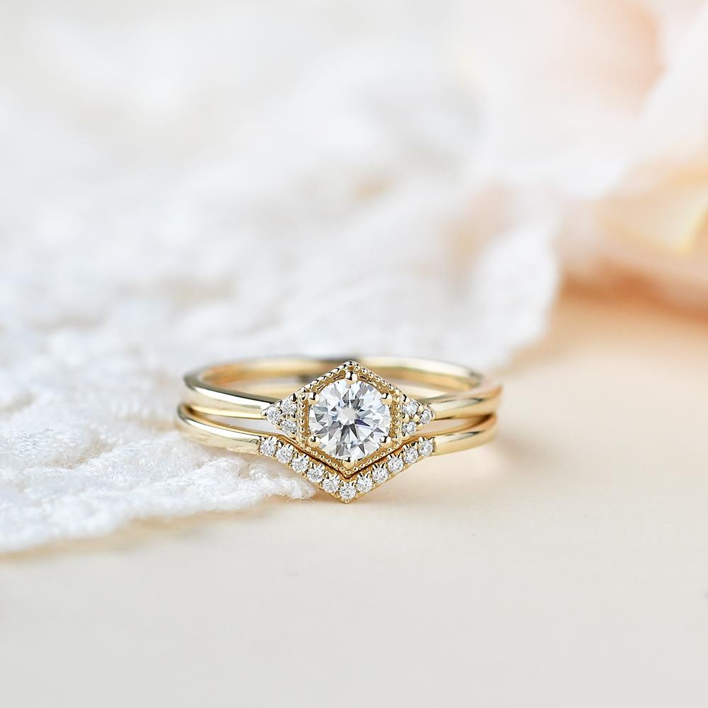 1.0CT Round Brilliant Cut Moissanite Hexagon Shape Bridal Ring Set
