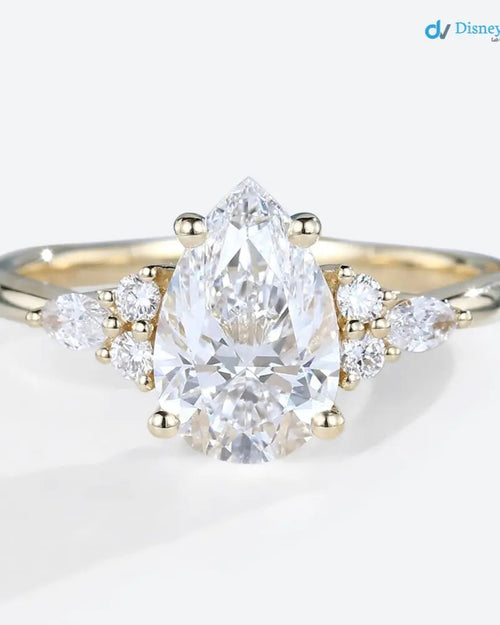 Yellow Gold Pear Shaped Lab Diamond cluster Engagement Ring - DisneyValley