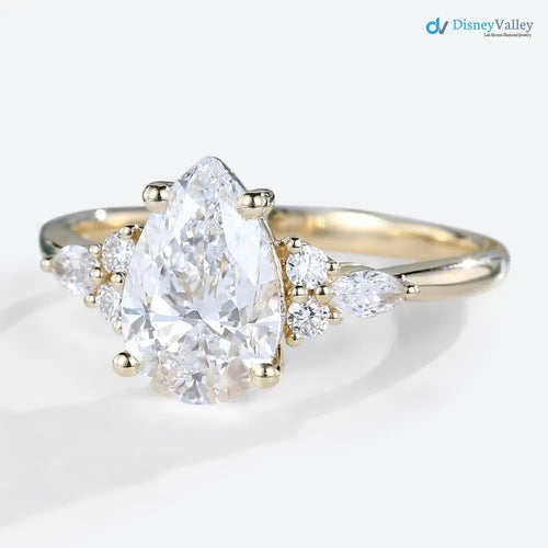 Yellow Gold Pear Shaped Lab Diamond cluster Engagement Ring - DisneyValley