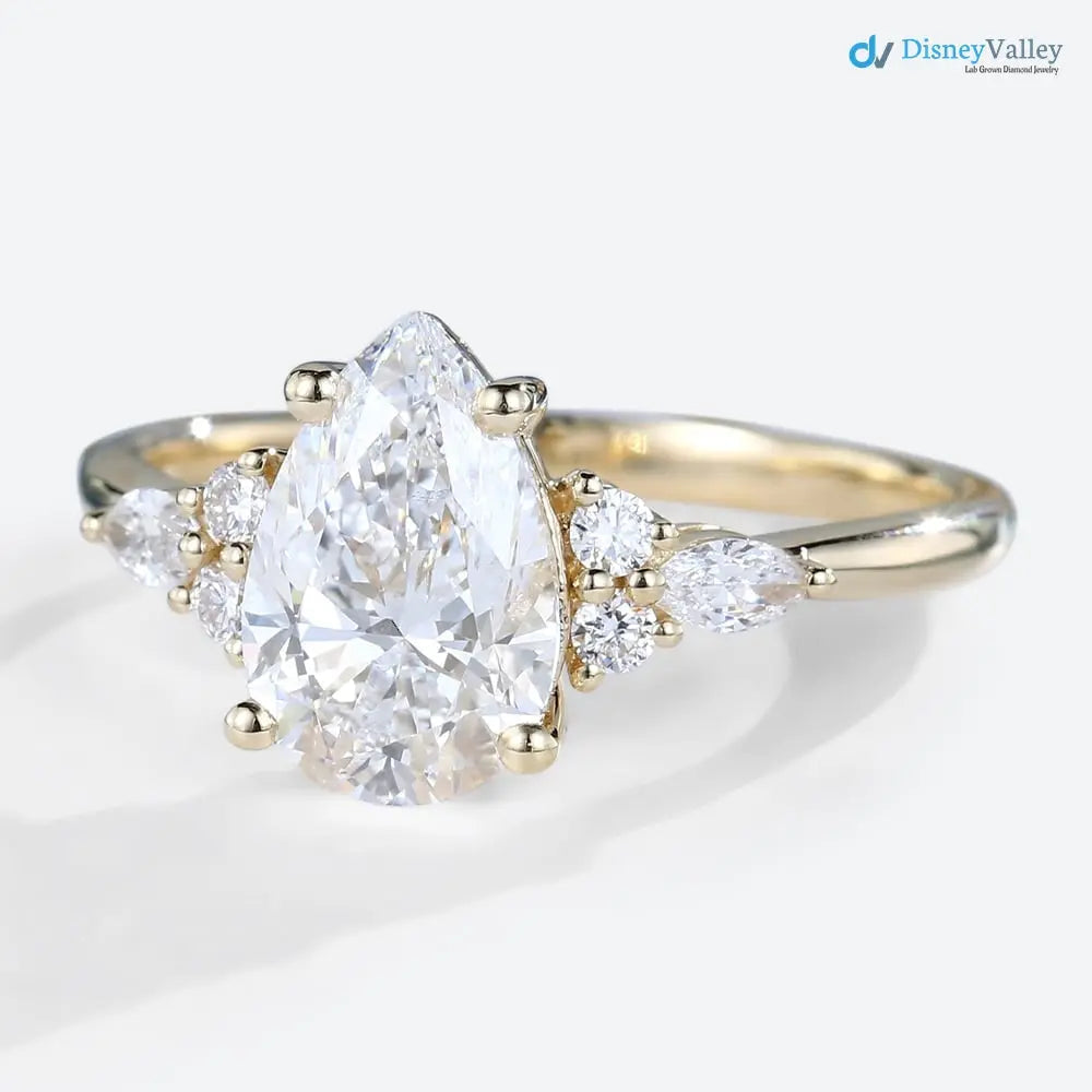 Yellow Gold Pear Shaped Lab Diamond cluster Engagement Ring Secondary image