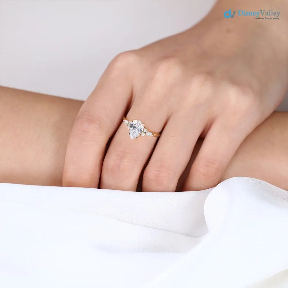 Yellow Gold Pear Shaped Lab Diamond cluster Engagement Ring - DisneyValley