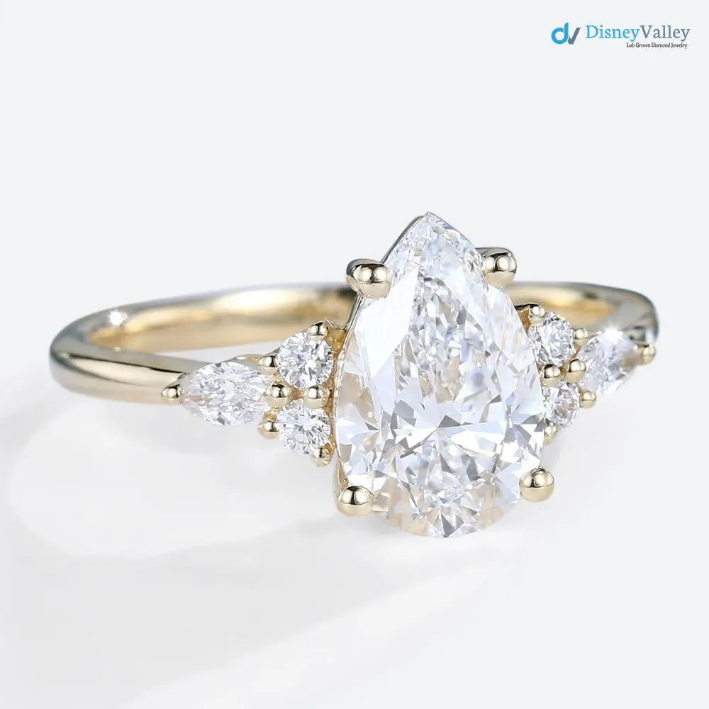 Yellow Gold Pear Shaped Lab Diamond cluster Engagement Ring - DisneyValley