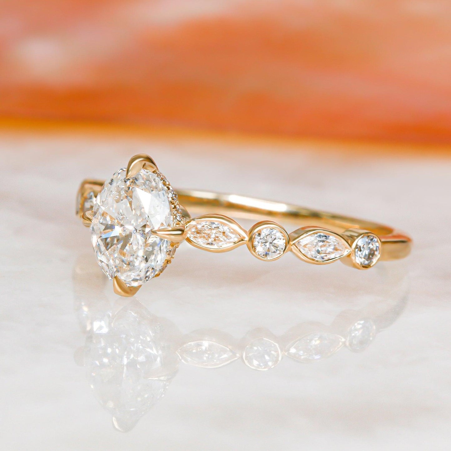 Solar Photon Hidden Halo Oval Diamond Engagement Ring - Natural Sparkle, Unique Design, Perfect for Proposals & Anniversaries