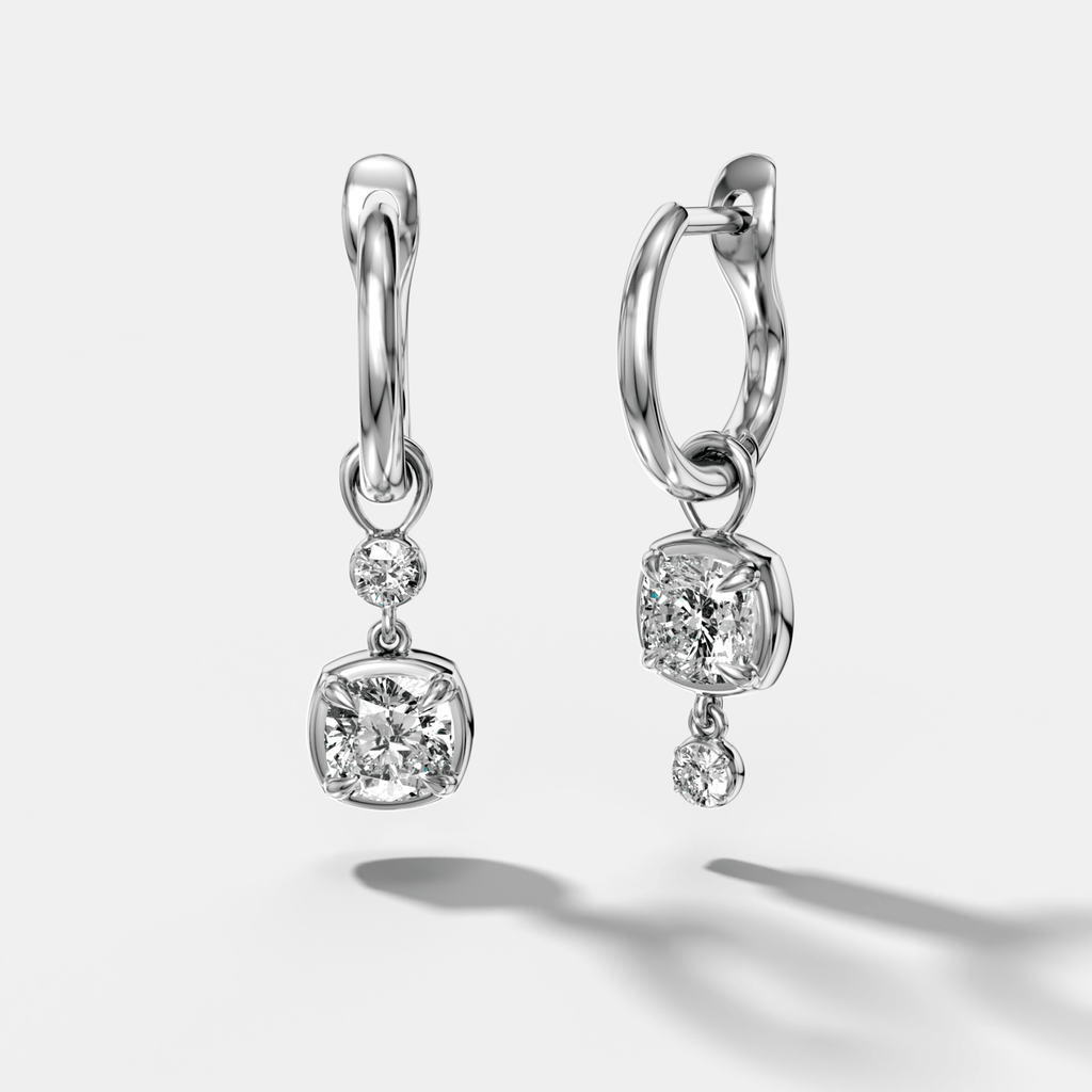 Alternating Mini Tiered Bezel Drop Huggies with Cushion Cut Diamonds