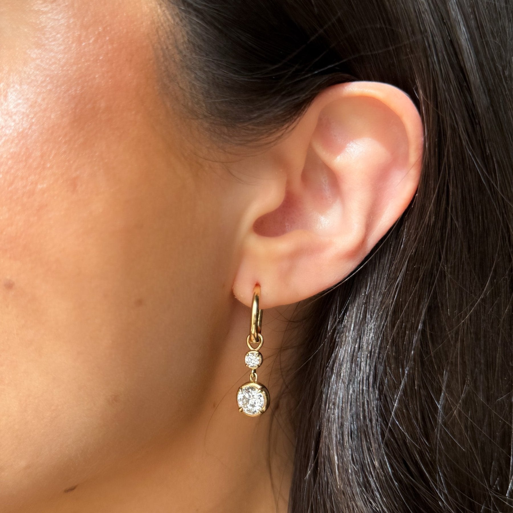 Alternating Mini Tiered Bezel Drop Huggies with Round Cut Diamonds
