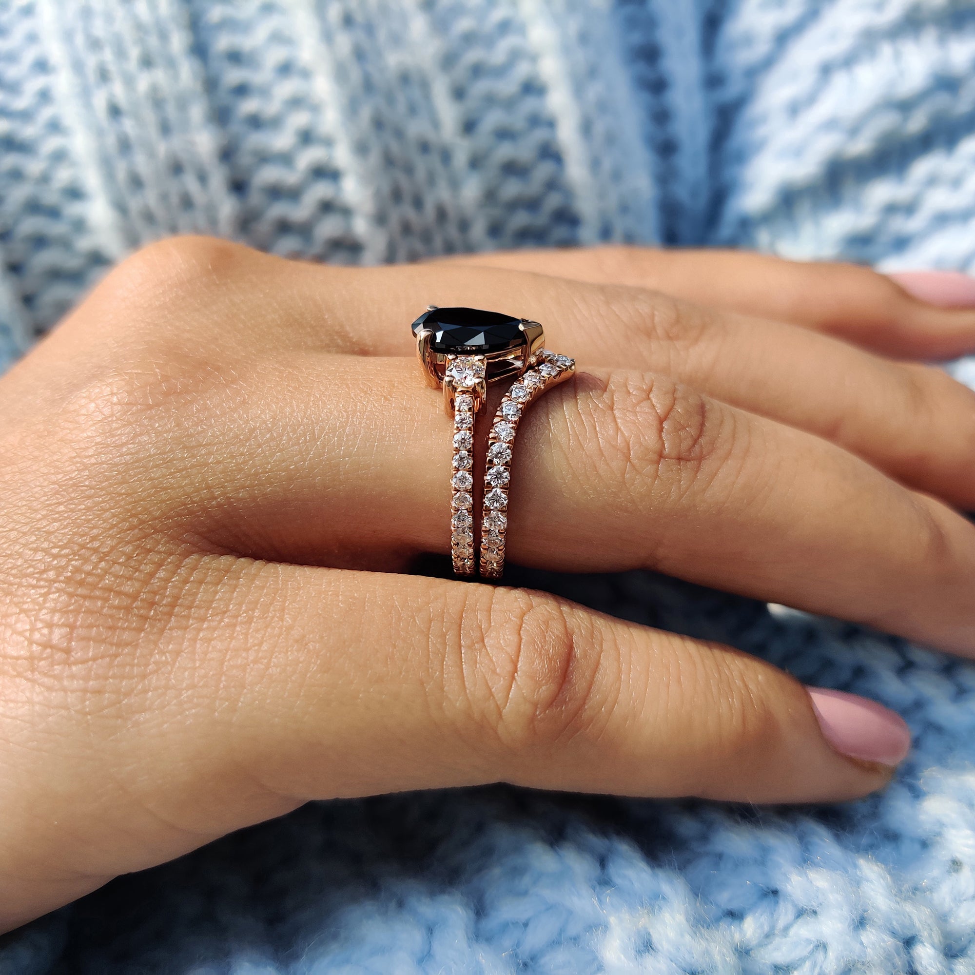 Black Pear Engagement Ring With Curved Wedding Band