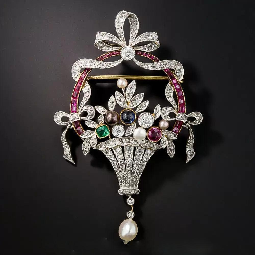 magnificently crafted diamond flower basket with bouquet and ruby brooch