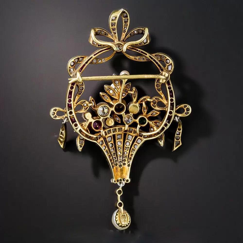 magnificently crafted diamond flower basket with bouquet and ruby brooch