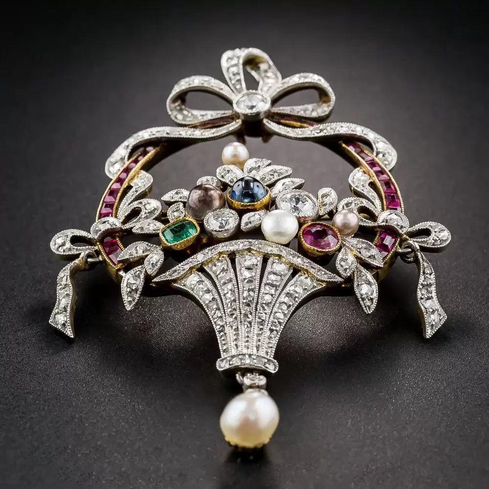 magnificently crafted diamond flower basket with bouquet and ruby brooch