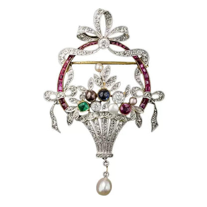 magnificently crafted diamond flower basket with bouquet and ruby brooch