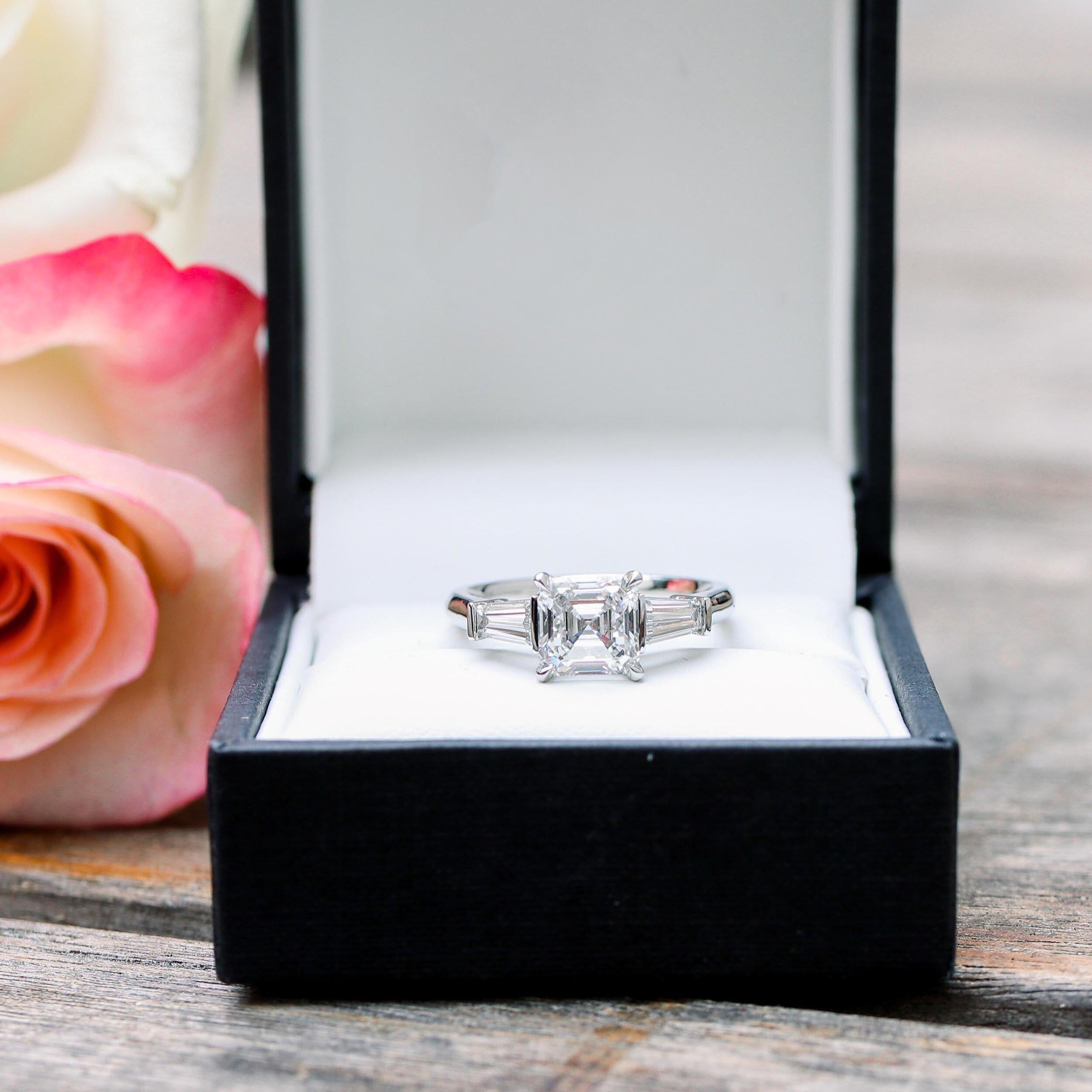 1.75 CT Asscher Cut Moissanite Three Stones Engagement Ring
