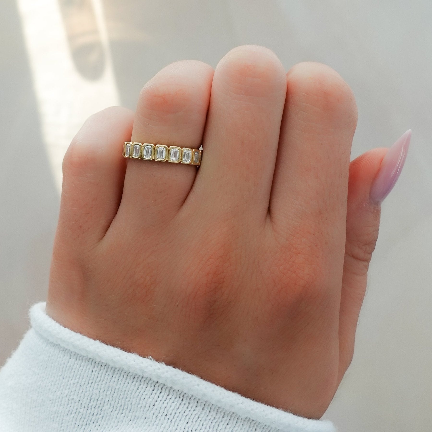 Baby Bezel Set Halfway Wedding Band With Emerald Cuts Secondary image