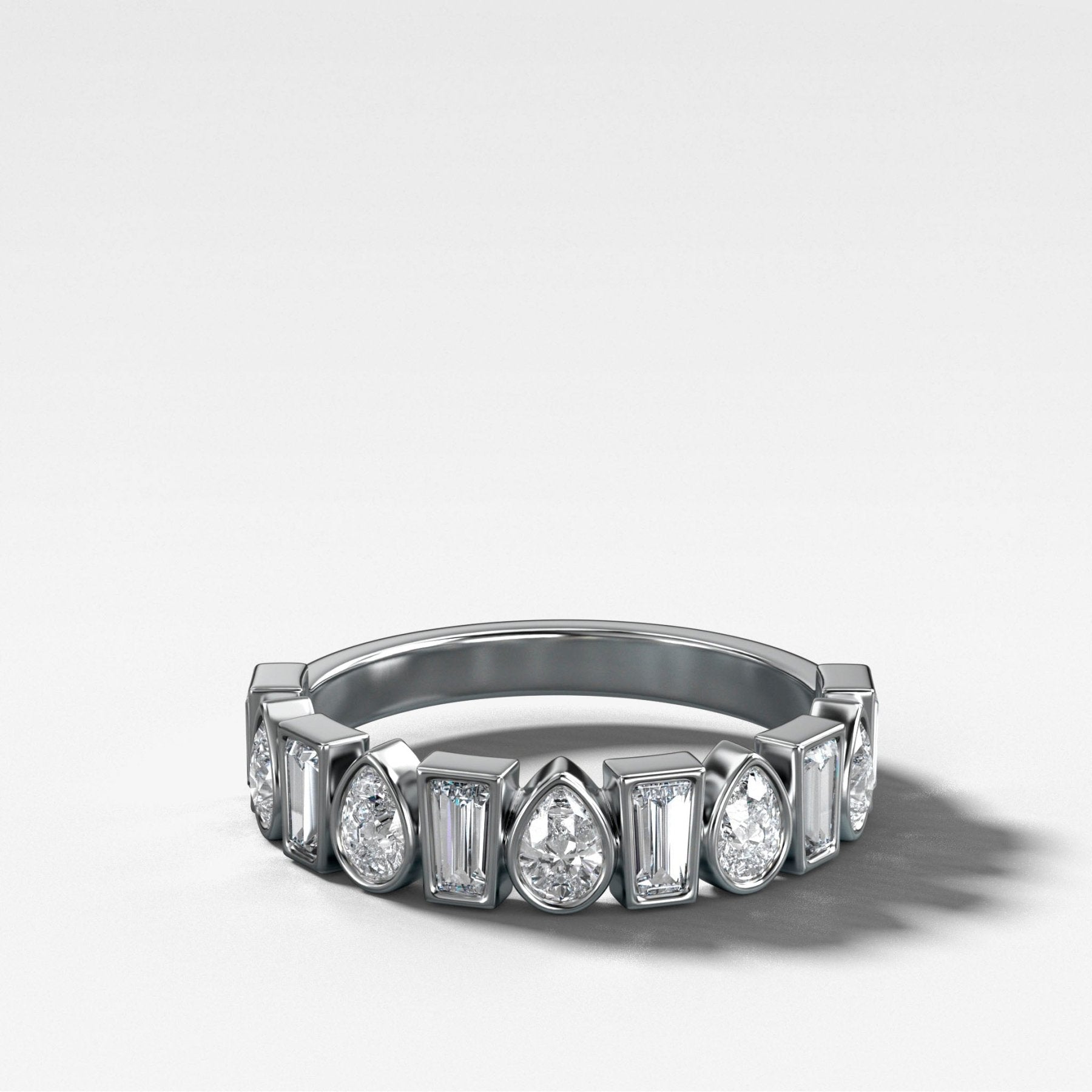 Baby Bezel Set Halfway Wedding Band with Pear and Tapered Baguette Diamonds