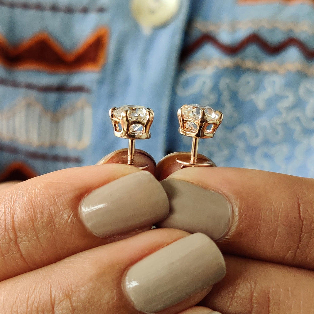 Round Old European Cut Stud Earrings In Screw Back