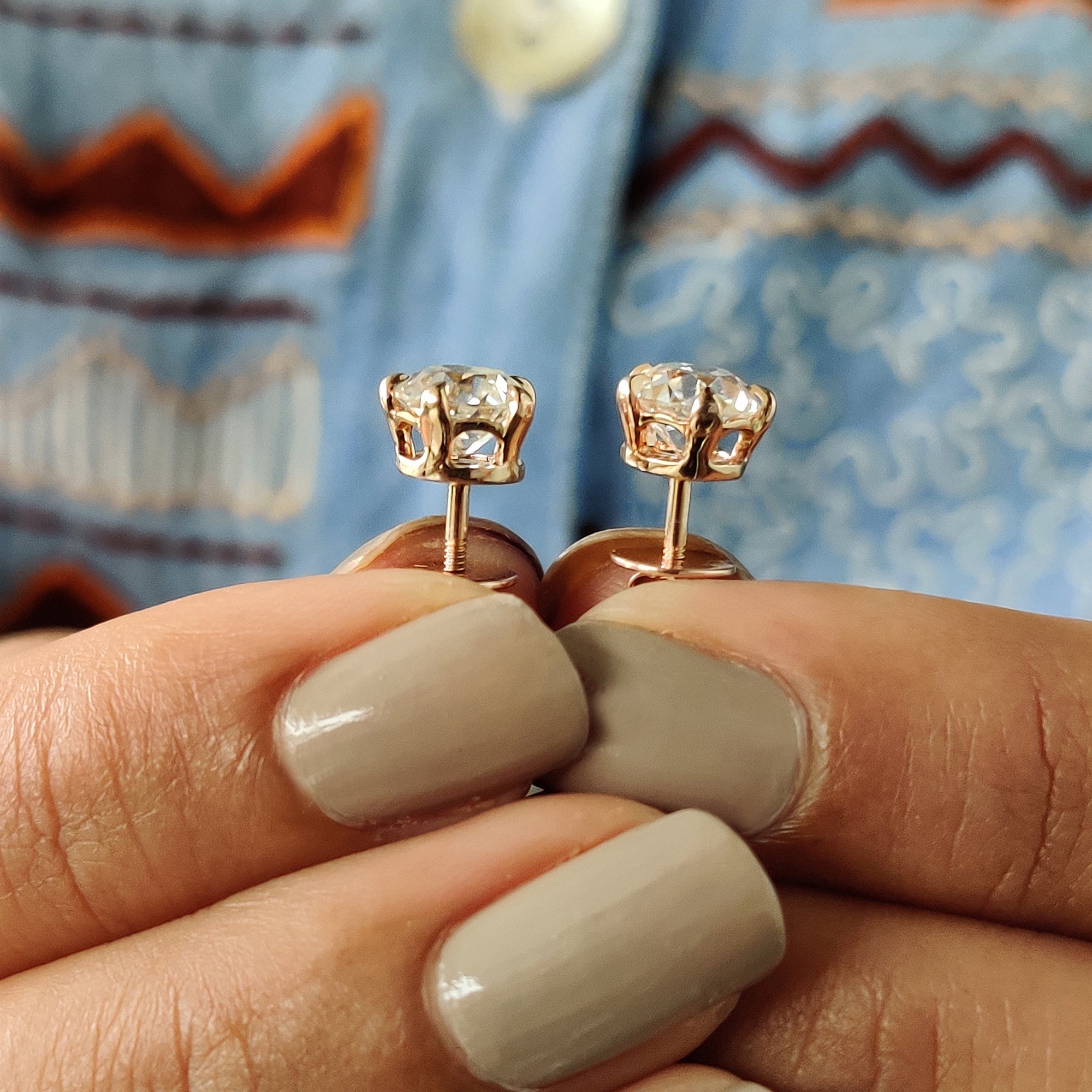 Round Old European Cut Stud Earrings In Screw Back