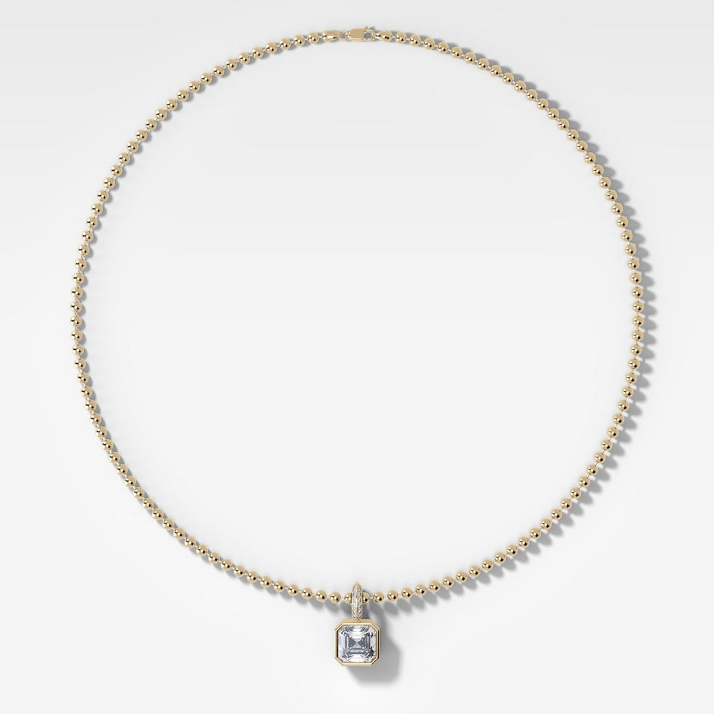 Bezel Set Asscher Attachable Diamond Pendant with Pavé Knife Edge Bail and Beaded Chain (3mm)