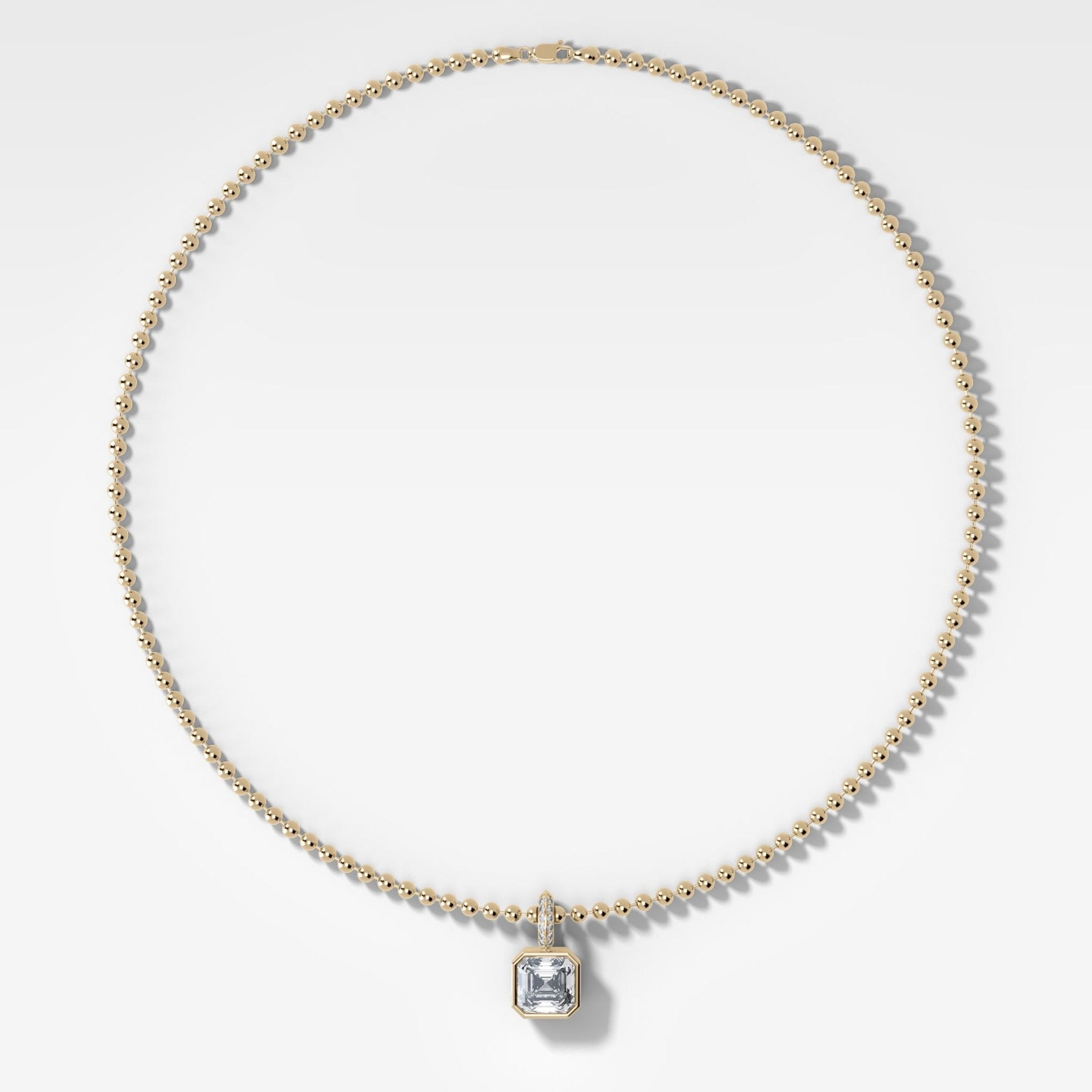 Bezel Set Asscher Attachable Diamond Pendant with Pavé Knife Edge Bail and Beaded Chain (3mm)