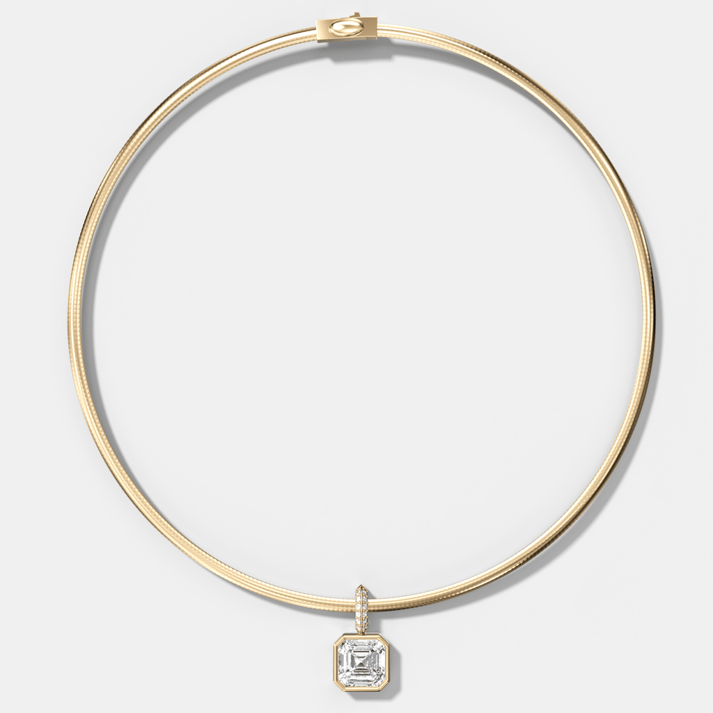 Bezel Set Asscher Attachable Diamond Pendant with Pavé Knife Edge Bail With Reversible Omega Chain (3mm)