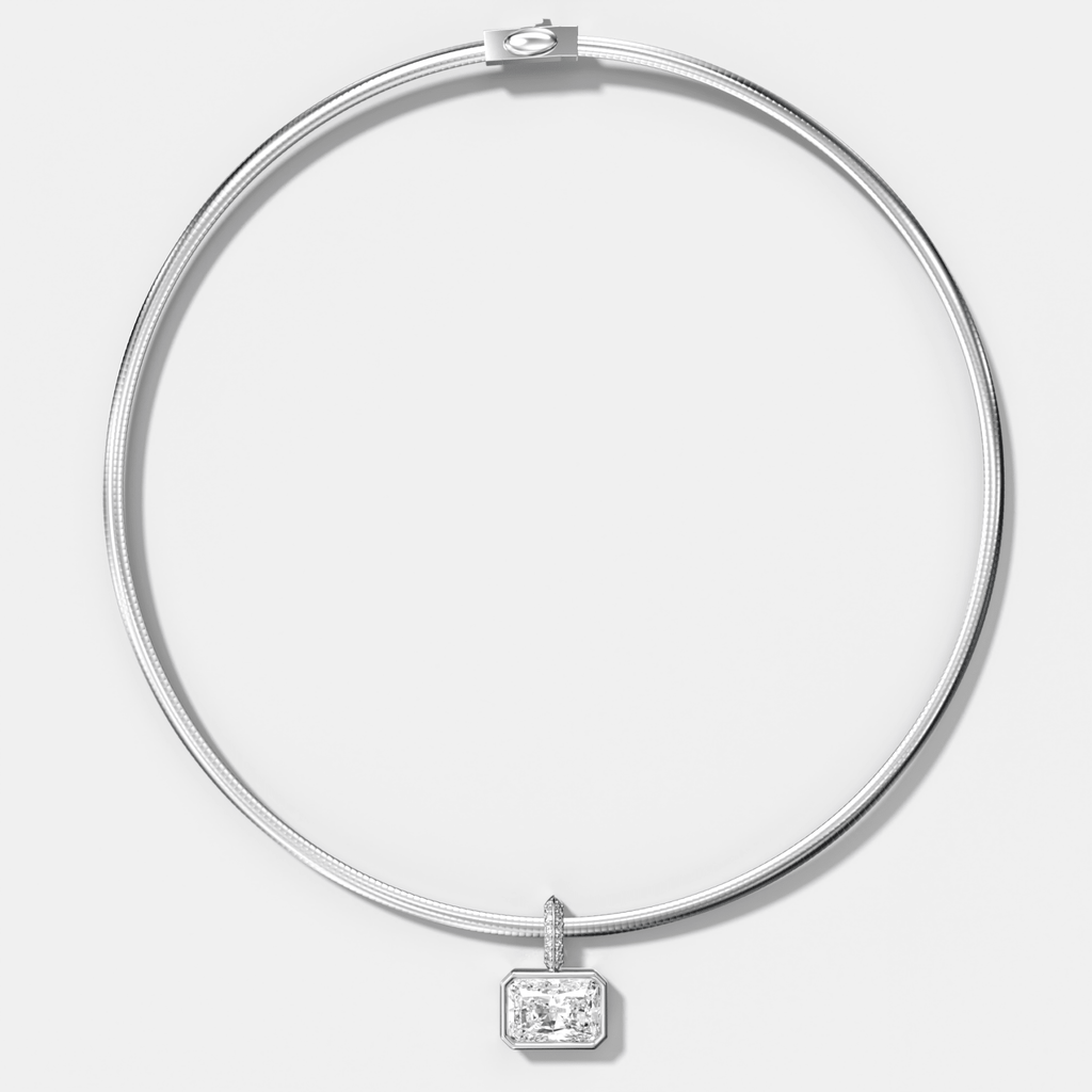 Bezel Set East West Elongated Radiant Attachable Diamond Pendant with Pavé Knife Edge Bail With Reversible Omega Chain (3mm)