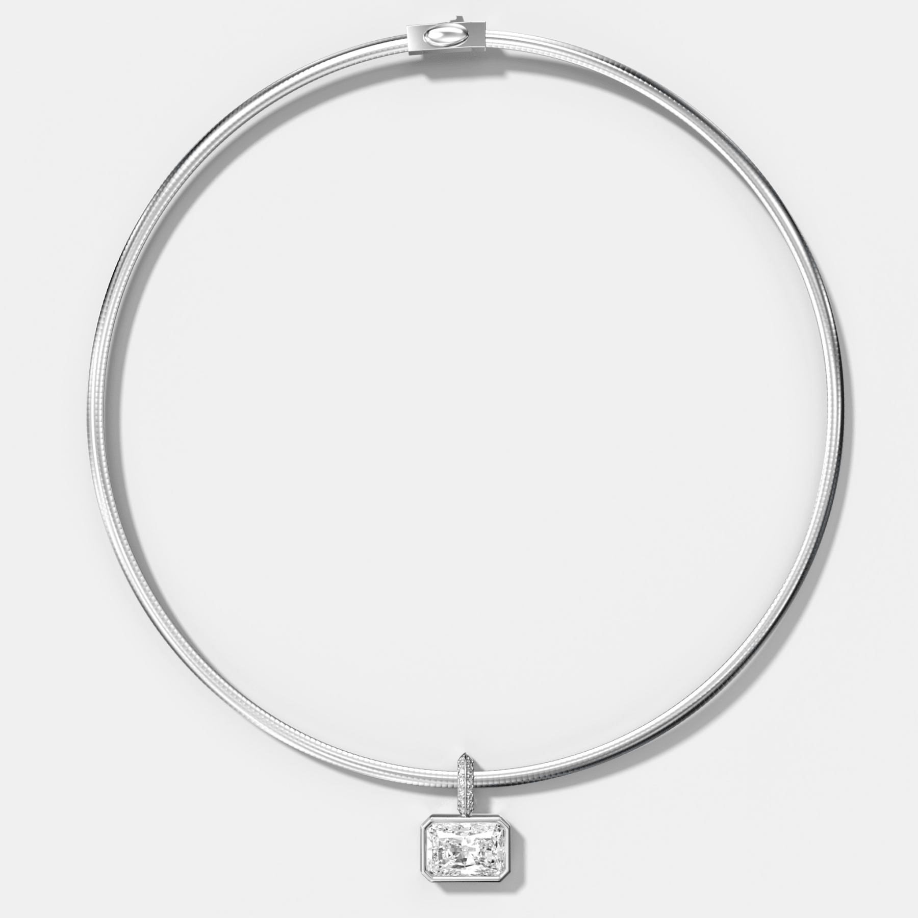 Bezel Set East West Elongated Radiant Attachable Diamond Pendant with Pavé Knife Edge Bail With Reversible Omega Chain (3mm)