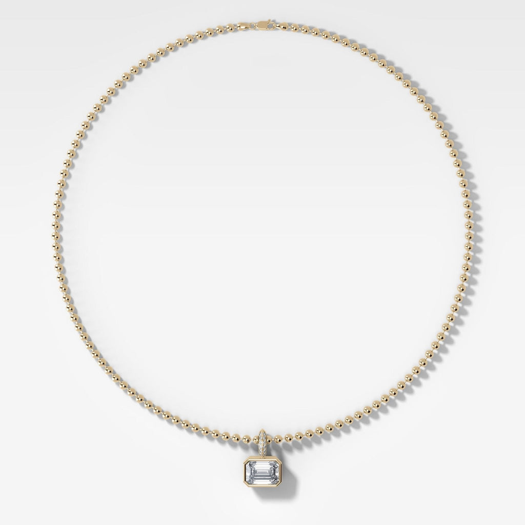 Bezel Set East West Emerald Attachable Diamond Pendant with Pavé Knife Edge Bail and Beaded Chain (3mm)