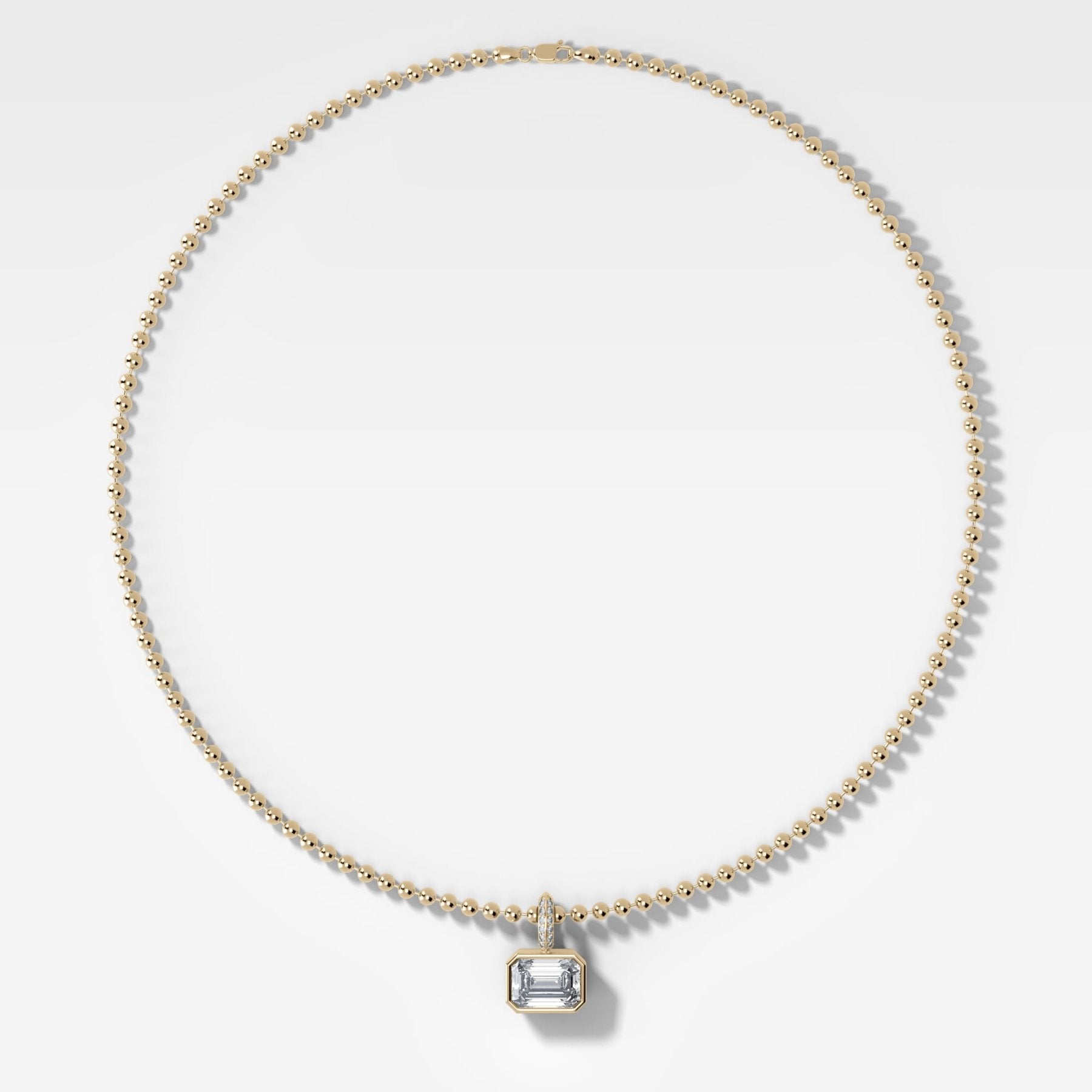 Bezel Set East West Emerald Attachable Diamond Pendant with Pavé Knife Edge Bail and Beaded Chain (3mm)