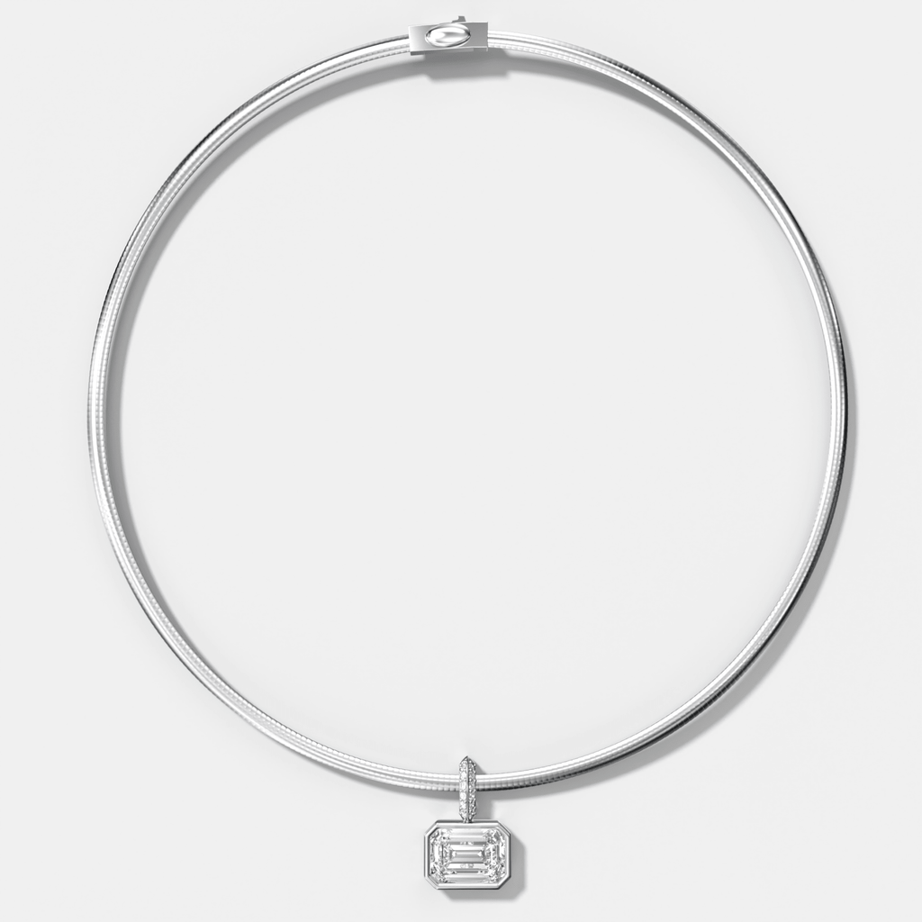 Bezel Set East West Emerald Attachable Diamond Pendant with Pavé Knife Edge Bail With Reversible Omega Chain (3mm)