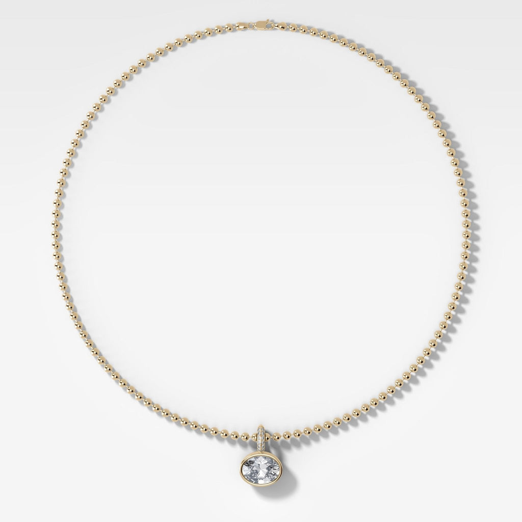 Bezel Set East West Oval Attachable Diamond Pendant with Pavé Knife Edge Bail and Beaded Chain (3mm)