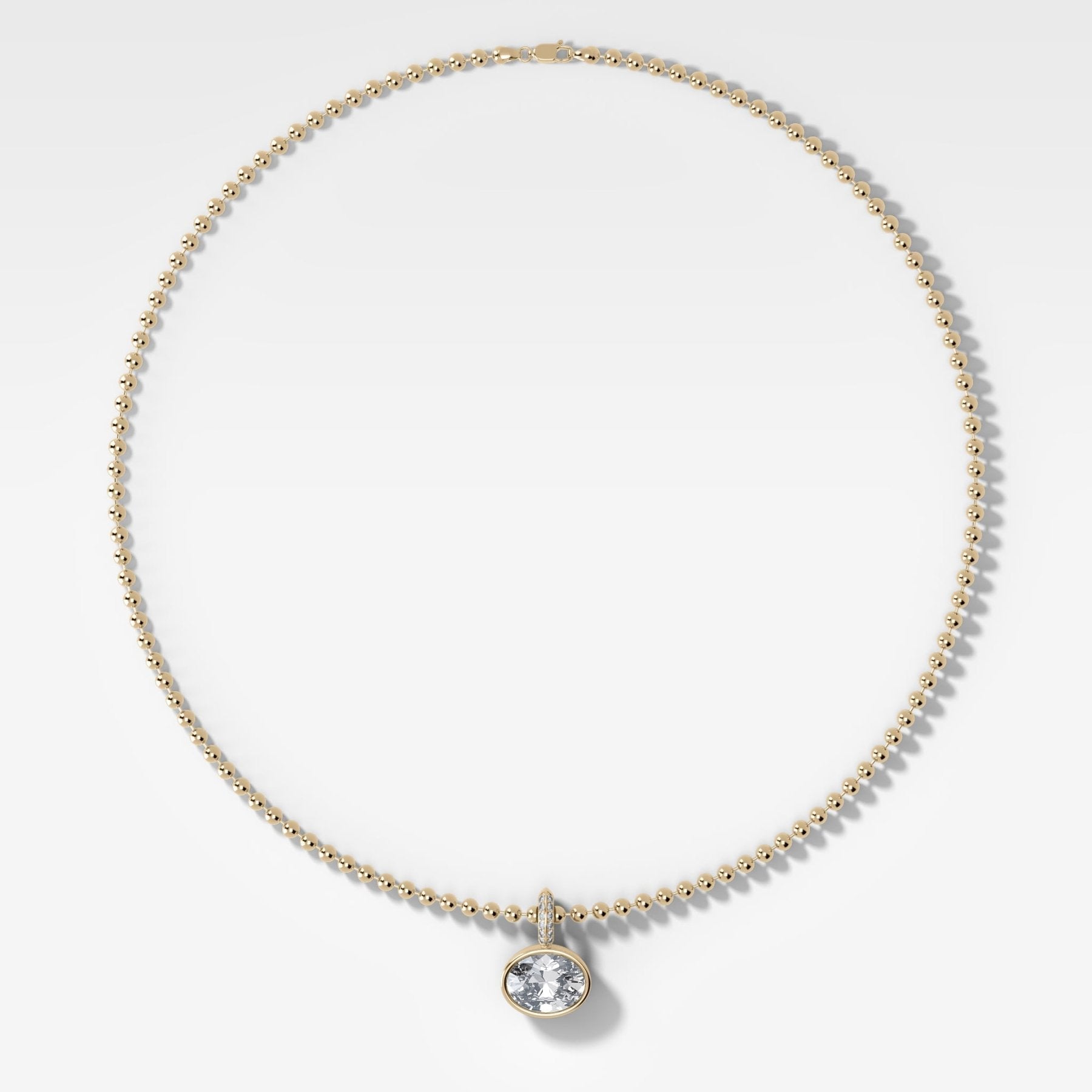 Bezel Set East West Oval Attachable Diamond Pendant with Pavé Knife Edge Bail and Beaded Chain (3mm)