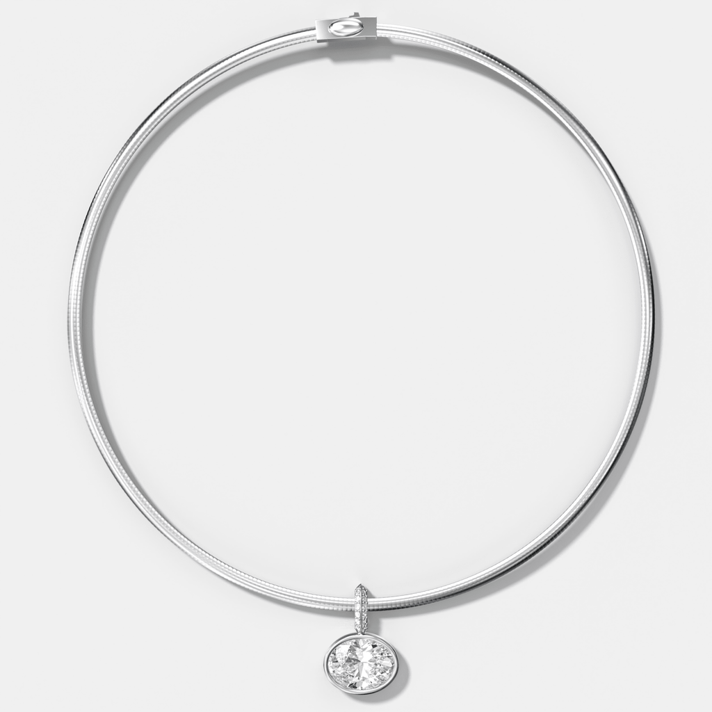 Bezel Set East West Oval Attachable Diamond Pendant with Pavé Knife Edge Bail With Reversible Omega Chain (3mm)