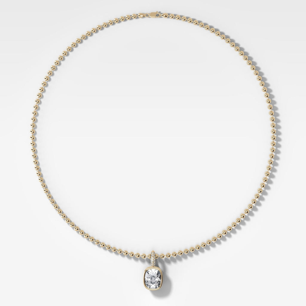 Bezel Set Elongated Cushion Attachable Diamond Pendant with Pavé Knife Edge Bail and Beaded Chain (3mm)