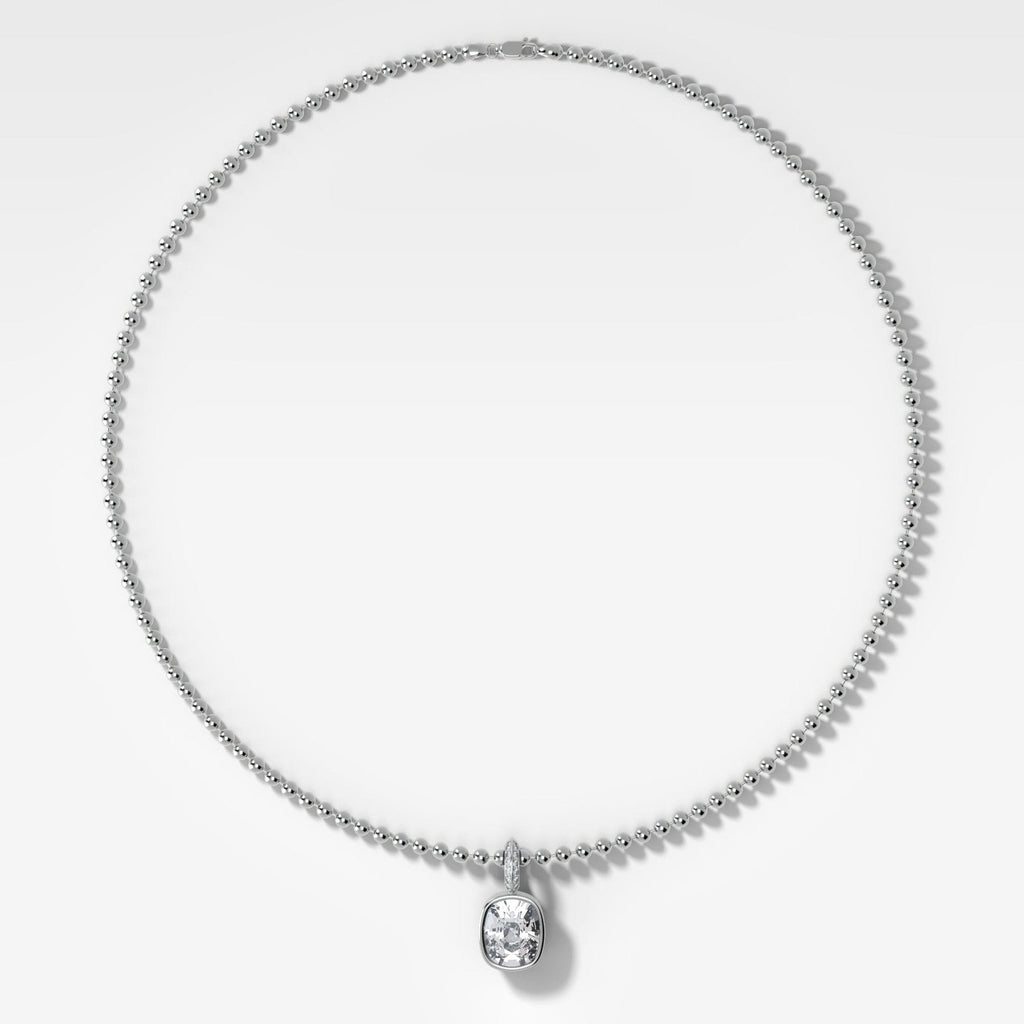 Bezel Set Elongated Cushion Attachable Diamond Pendant with Pavé Knife Edge Bail and Beaded Chain (3mm)