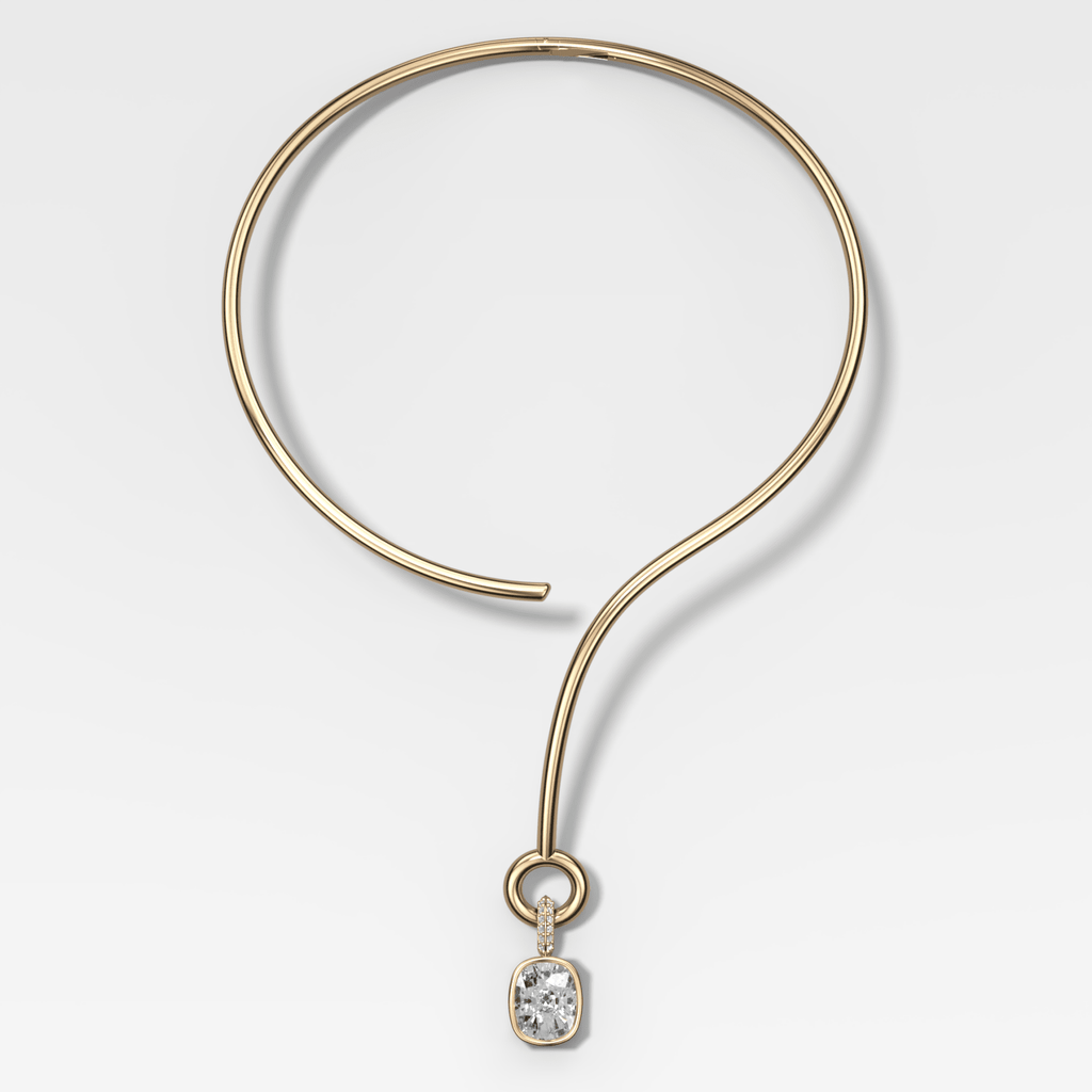 Bezel Set Elongated Cushion Attachable Diamond Pendant with Pavé Knife Edge Bail and Looped Collar Necklace